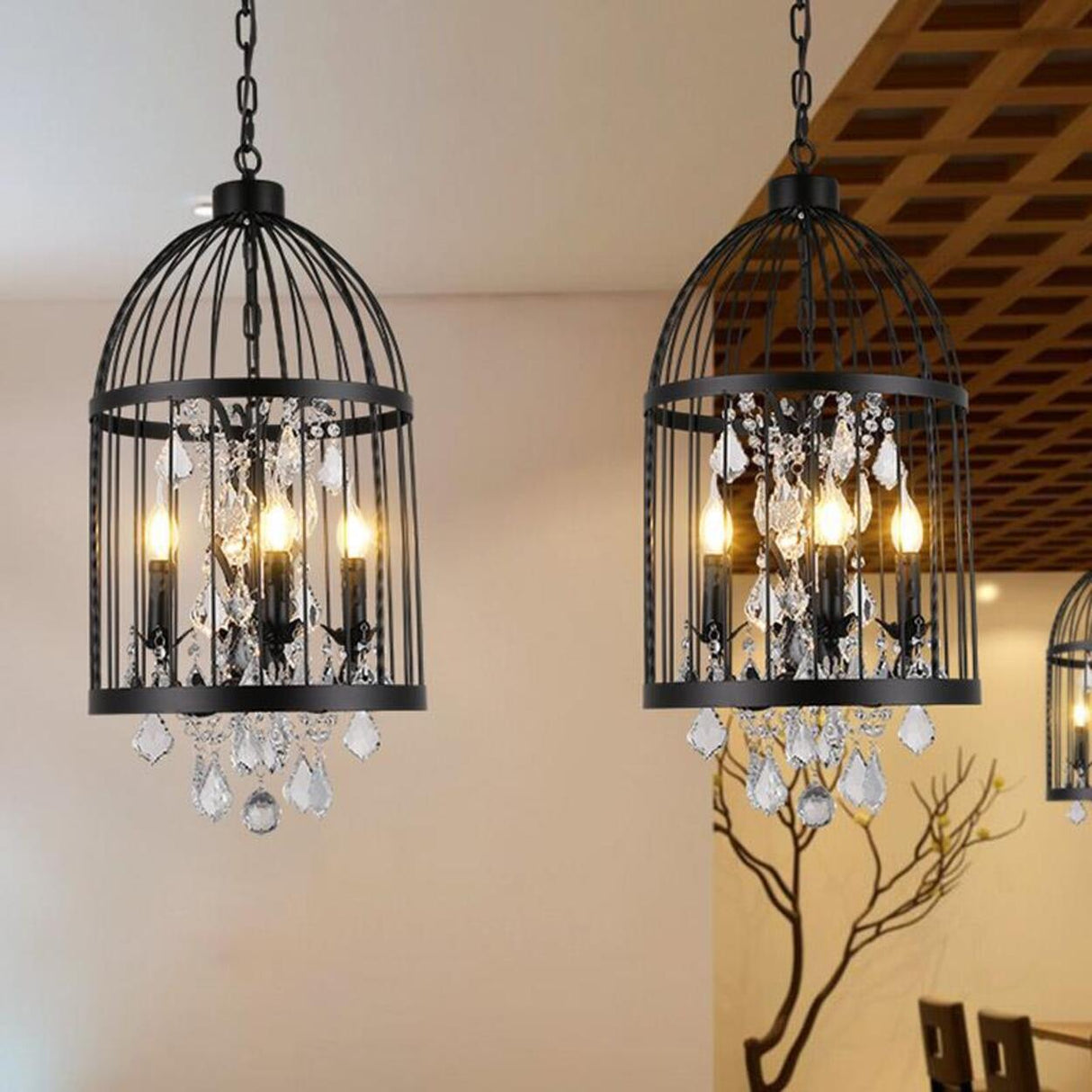 Industrial Black Birdcage Candelabra Crystal Chandelier Image - 2