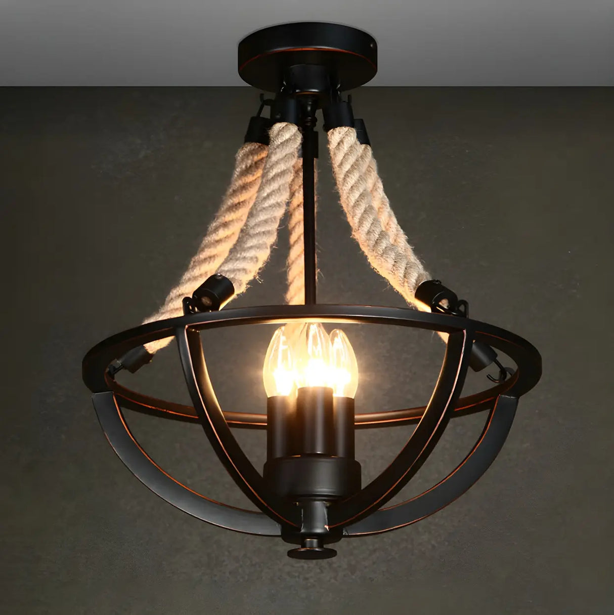 Industrial Black Bowl Rope Iron Semi-Flush Mount Light Image - 1