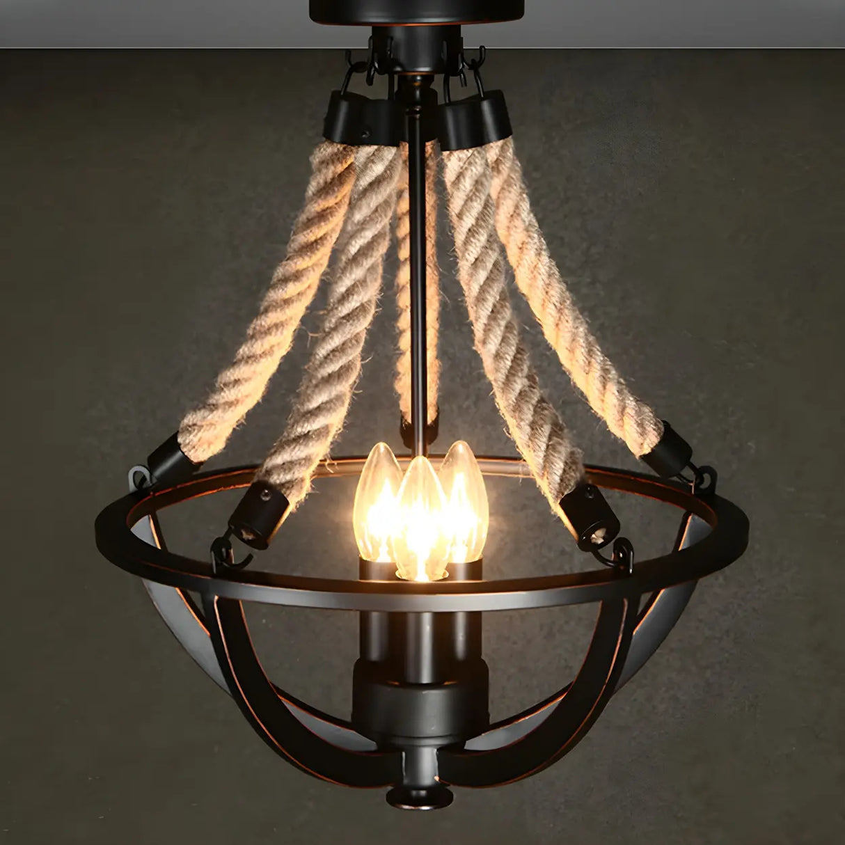 Industrial Black Bowl Rope Iron Semi-Flush Mount Light Image - 2