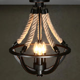 Industrial Black Bowl Rope Iron Semi-Flush Mount Light Image - 2