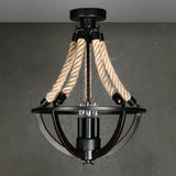 Industrial Black Bowl Rope Iron Semi-Flush Mount Light Image - 3