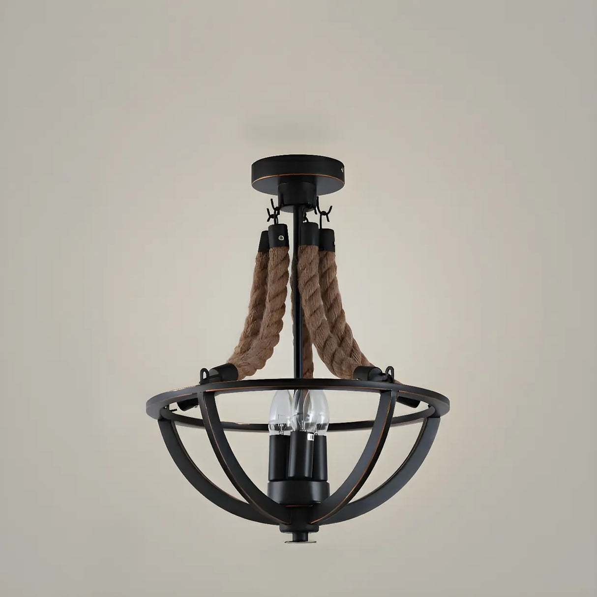 Industrial Black Bowl Rope Iron Semi-Flush Mount Light Image - 8