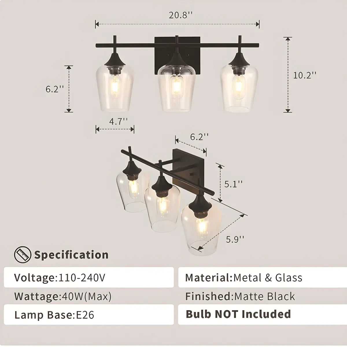 Industrial Black Clear Glass 3 Bulbs Wall Vanity Light Image - 6