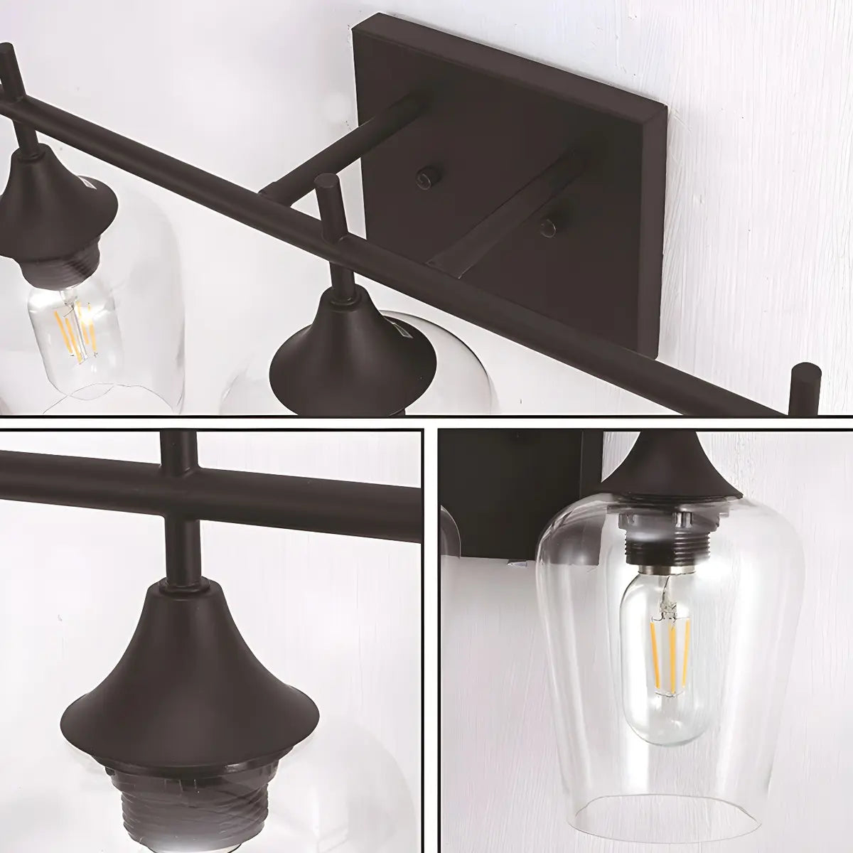 Industrial Black Clear Glass 3 Bulbs Wall Vanity Light Image - 8