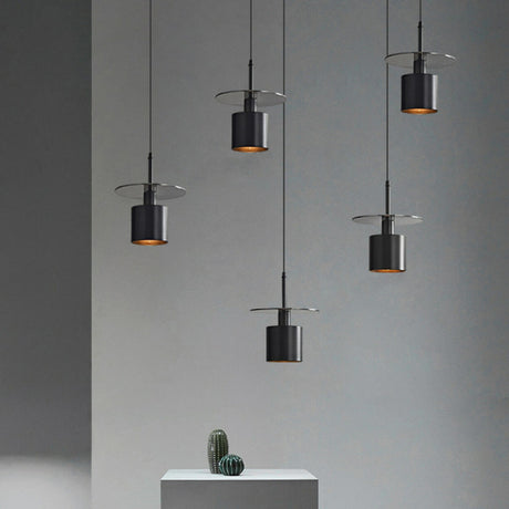 Industrial Black Cylinder Glass Disc Pendant Light Image - 1