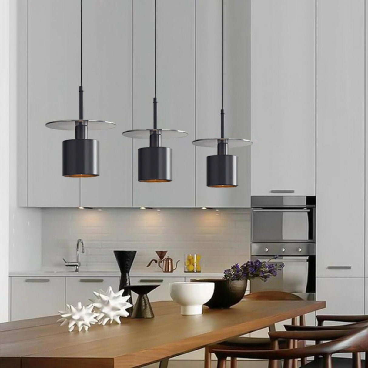 Industrial Black Cylinder Glass Disc Pendant Light Image - 4