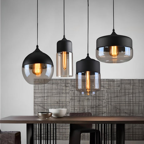 Industrial Black Cylinder Glass Pendant Light Set Image - 1