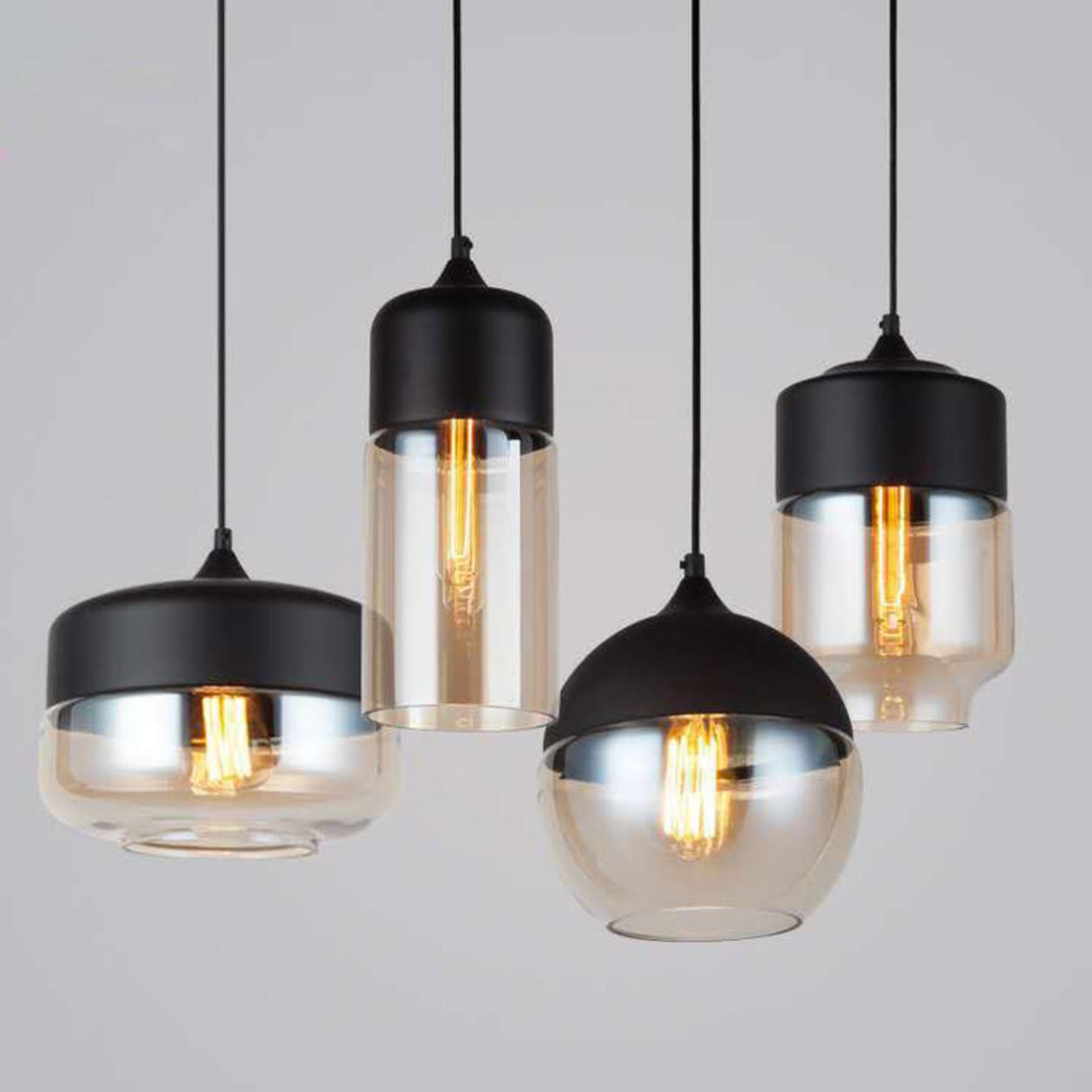 Industrial Black Cylinder Glass Pendant Light Set Image - 13