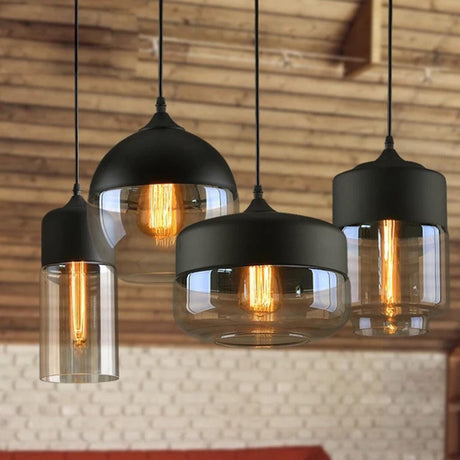 Industrial Black Cylinder Glass Pendant Light Set Image - 2