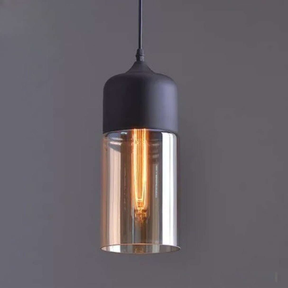 Industrial Black Cylinder Glass Pendant Light Set Image - 9