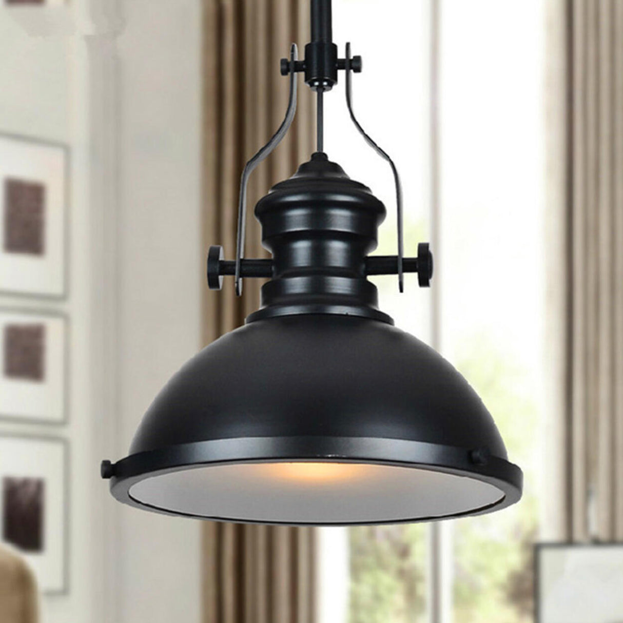 Industrial Black Dome Metal Downrods Pendant Light Image - 3