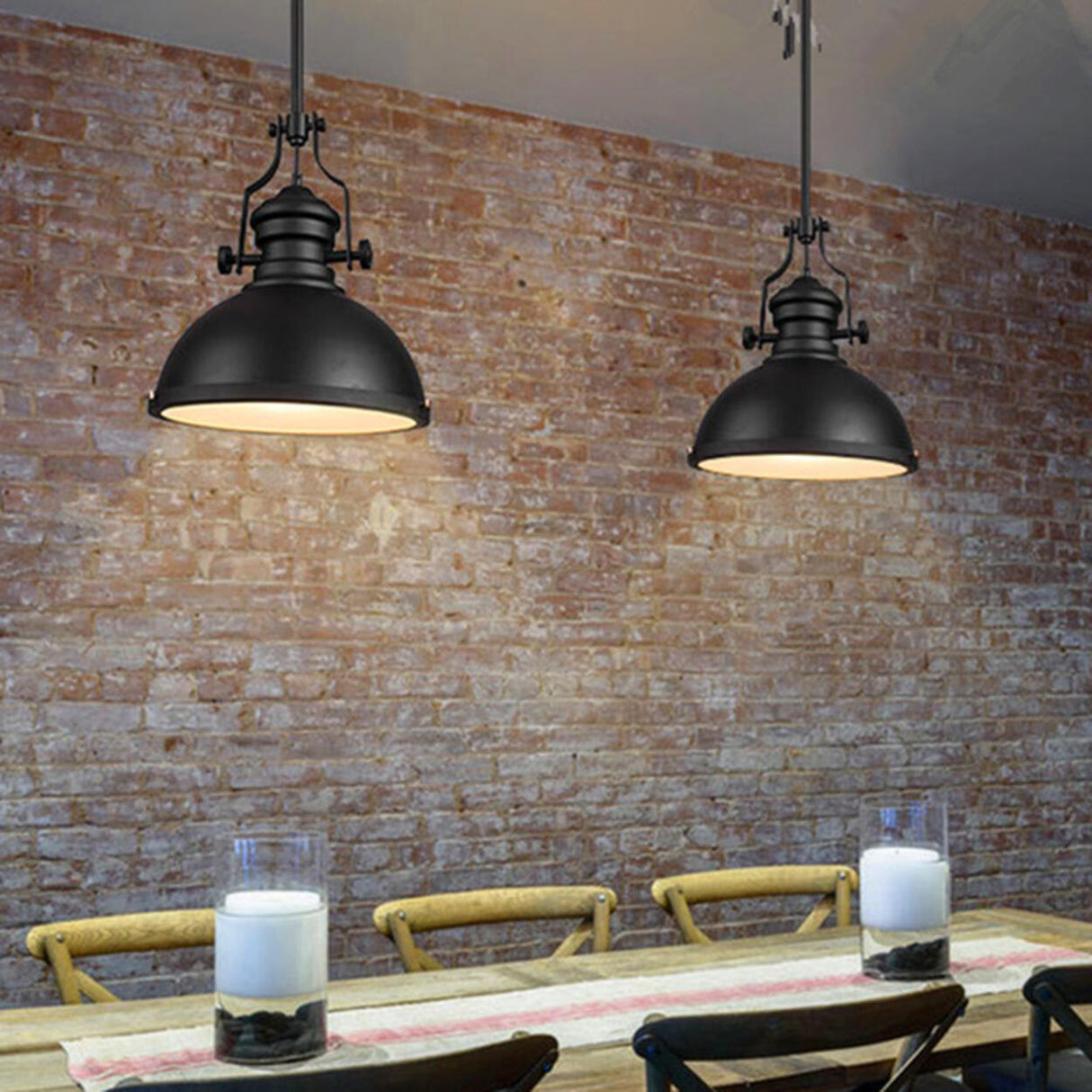 Industrial Black Dome Metal Downrods Pendant Light Image - 4