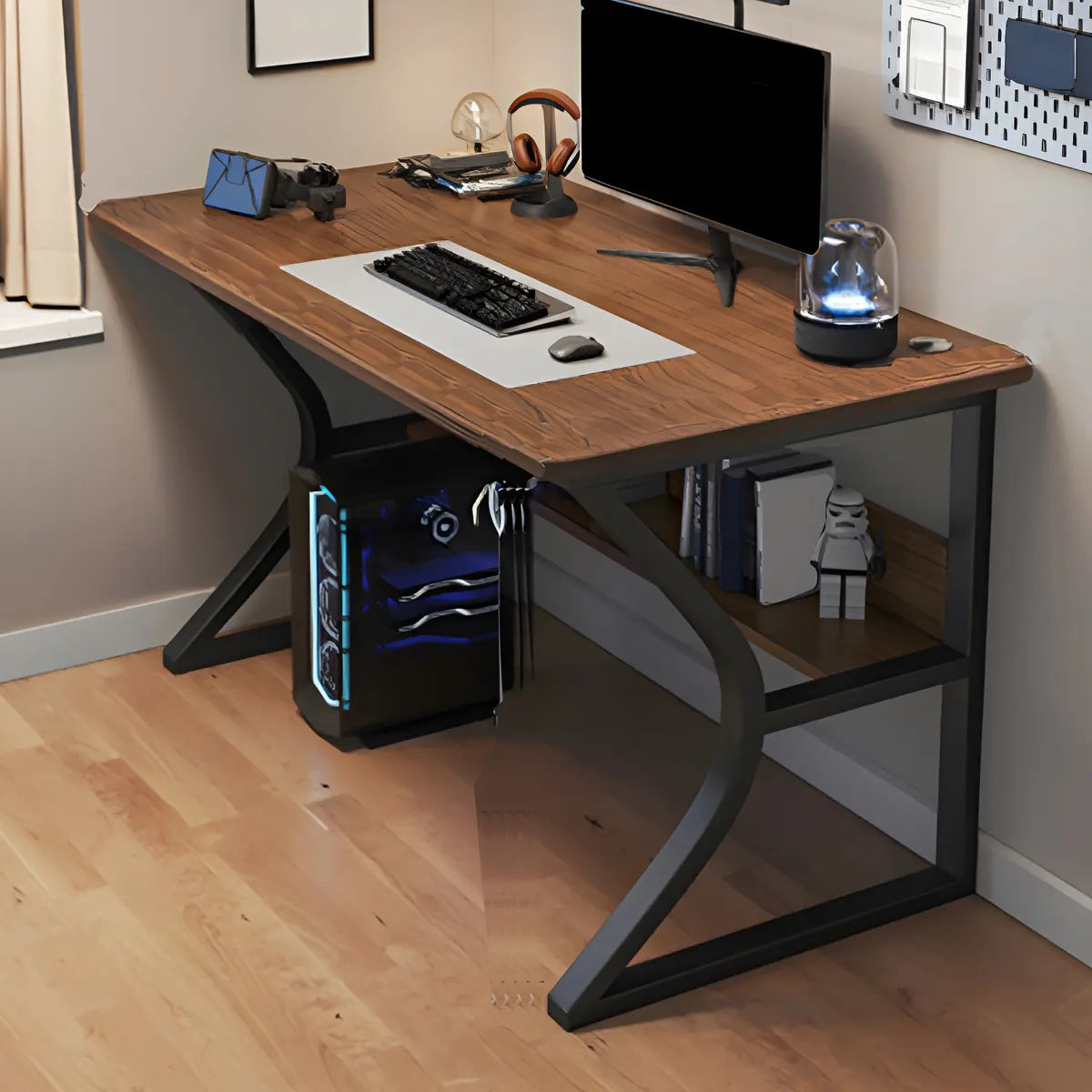 Industrial Black Exterior Shelf Wood Sled Gaming Desk Image - 5