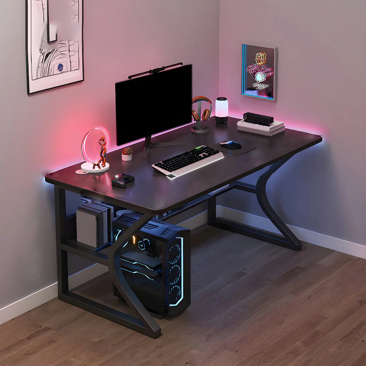 Industrial Black Exterior Shelf Wood Sled Gaming Desk Image - 9