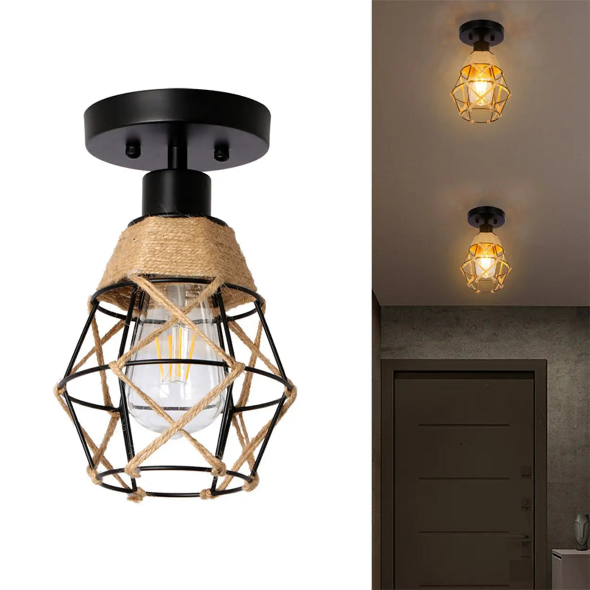 Industrial Black Geometric Rope Iron Flush Mount Light Image - 11