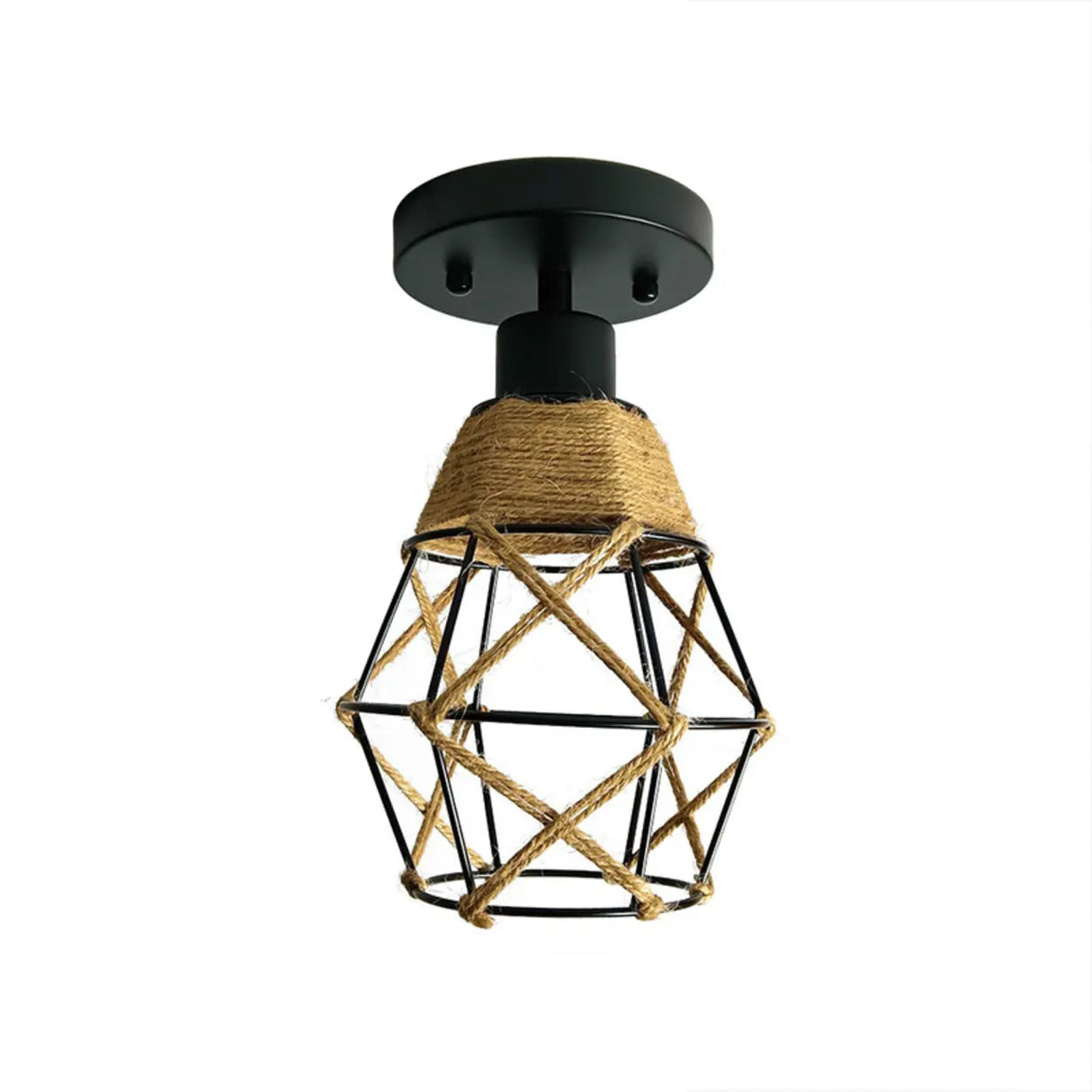 Industrial Black Geometric Rope Iron Flush Mount Light Image - 6