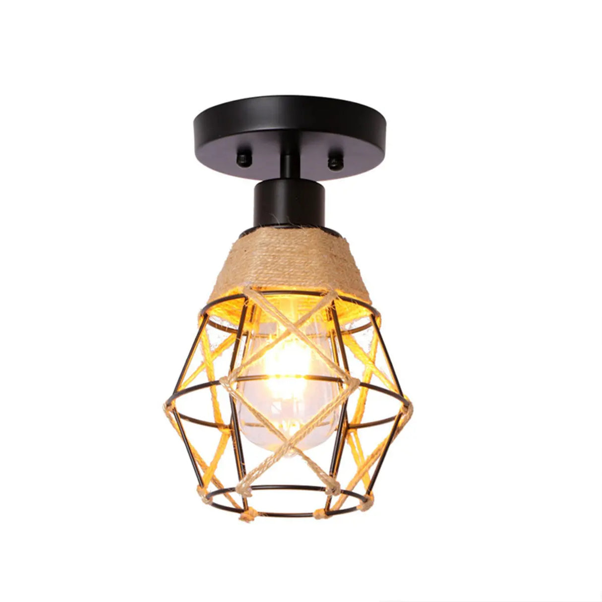 Industrial Black Geometric Rope Iron Flush Mount Light Image - 7