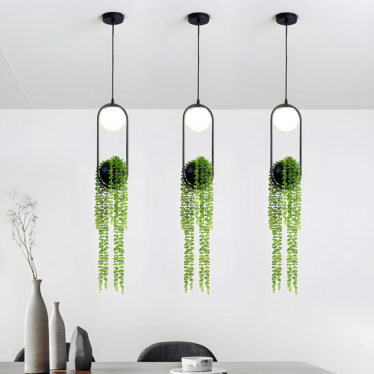 Industrial Black Green Hanging Plant Dining Room Pendant Light Image - 2