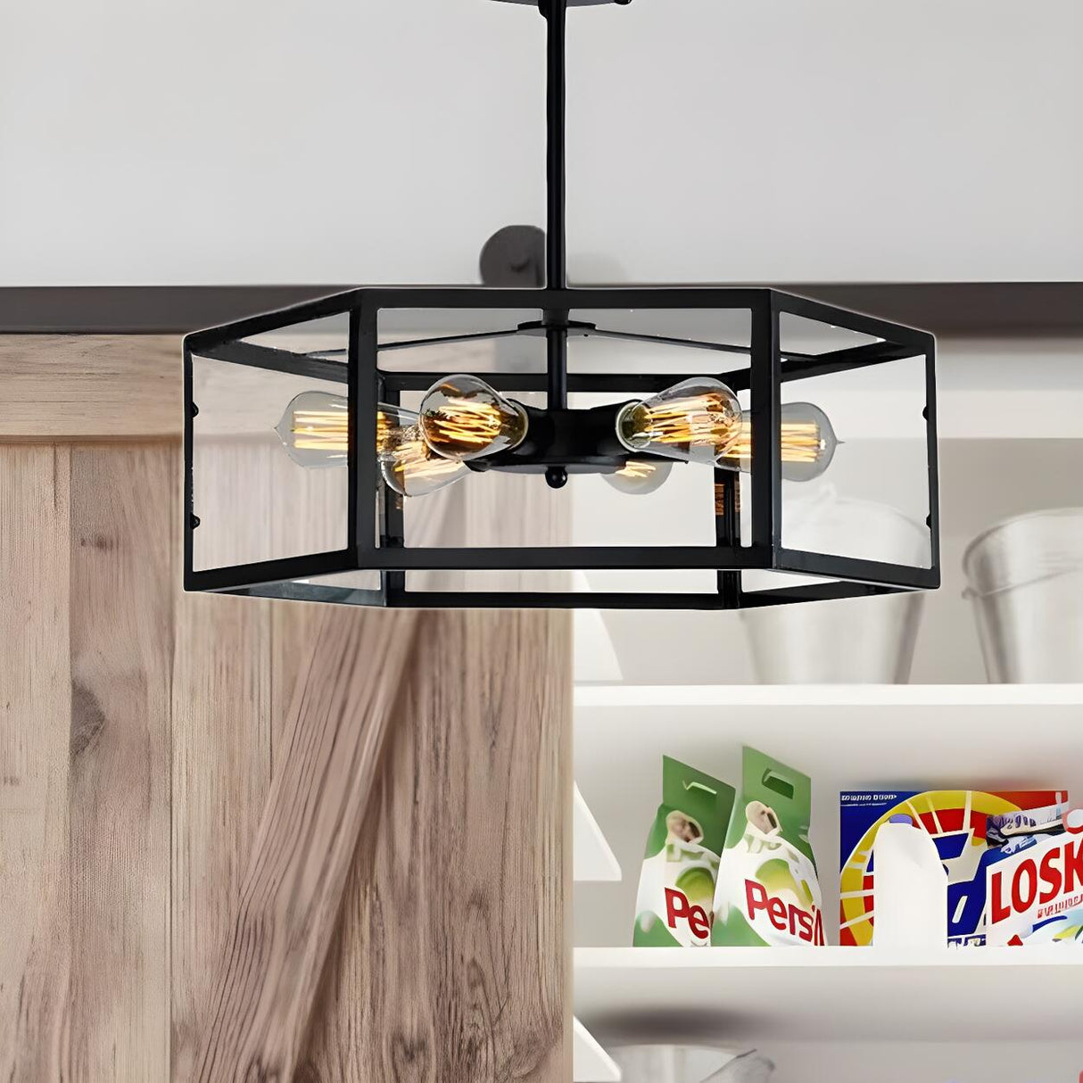 Industrial Black Hexagonal Prism Semi-Flush Mount Light Image - 10