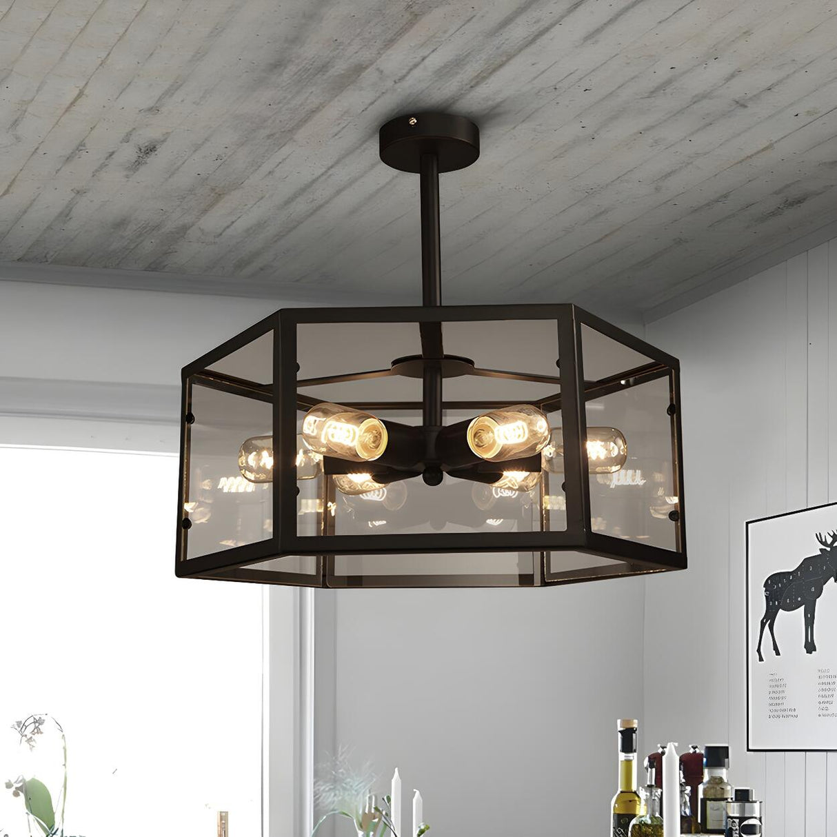 Industrial Black Hexagonal Prism Semi-Flush Mount Light Image - 2