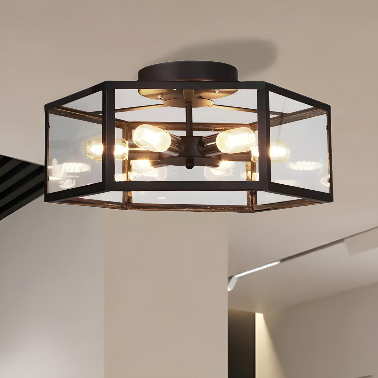 Industrial Black Hexagonal Prism Semi-Flush Mount Light Image - 8