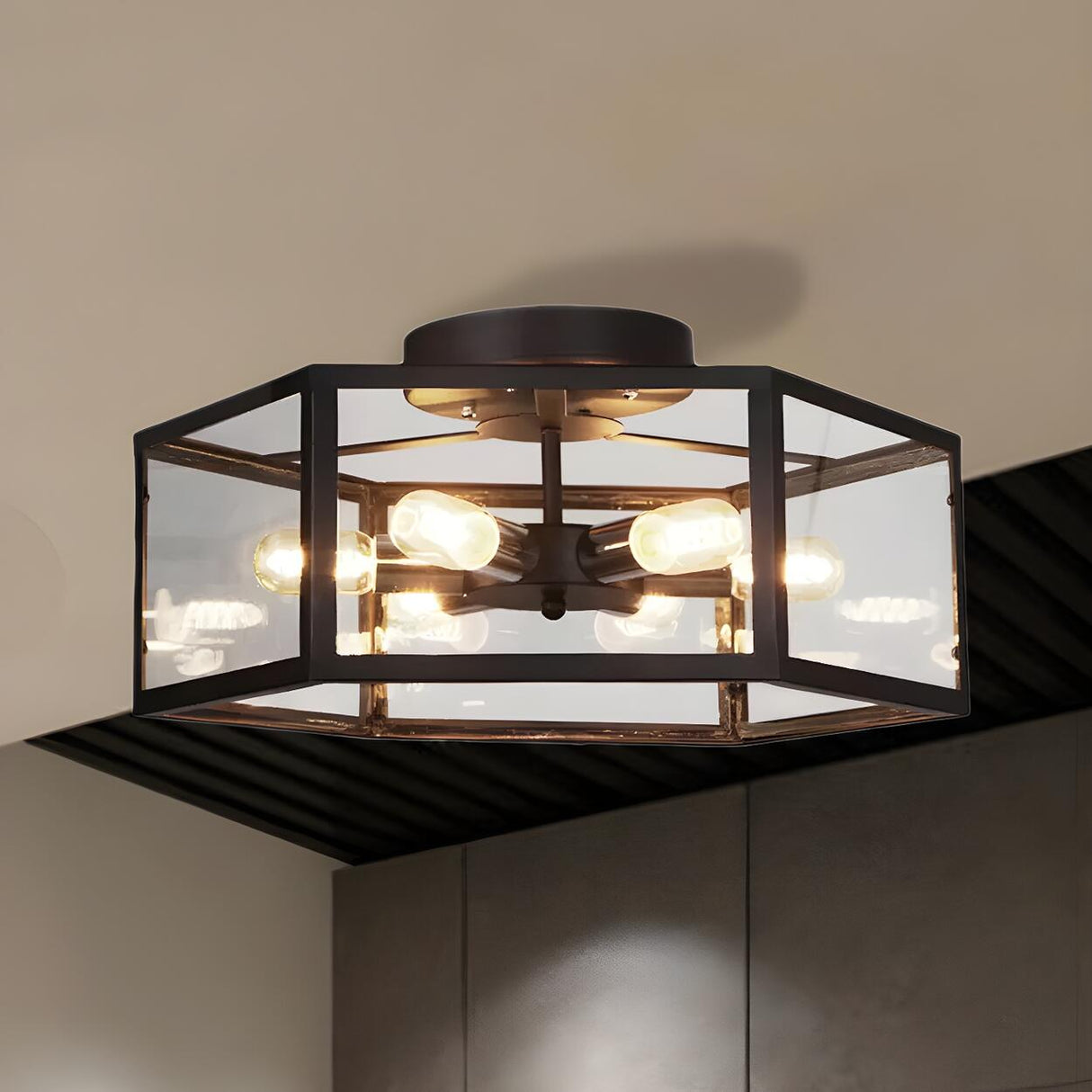 Industrial Black Hexagonal Prism Semi-Flush Mount Light Image - 9