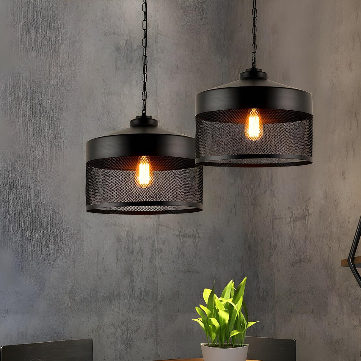 Industrial Black Mesh Drum Dining Room Pendant Light Image - 1