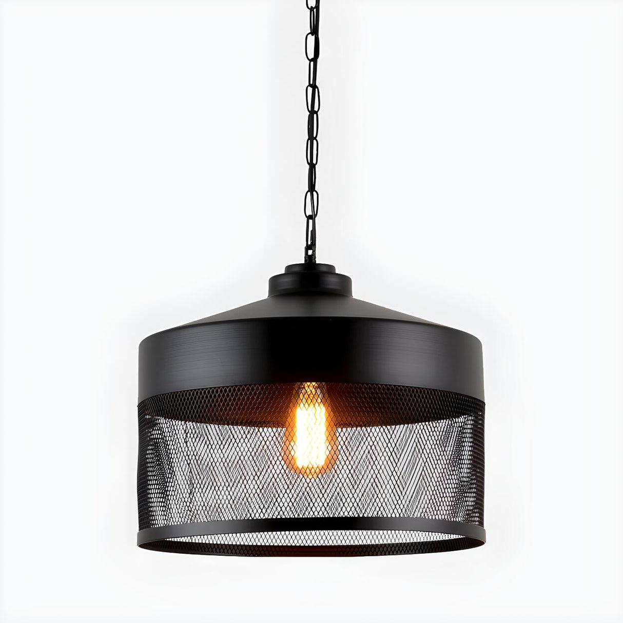 Industrial Black Mesh Drum Dining Room Pendant Light Image - 3