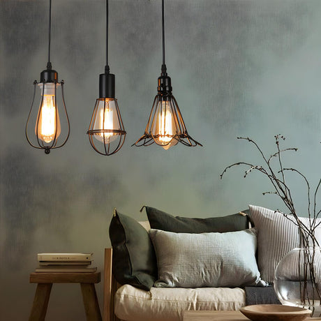 Industrial Black Metal Cage Edison Bulbs Pendant Light Set Image - 1