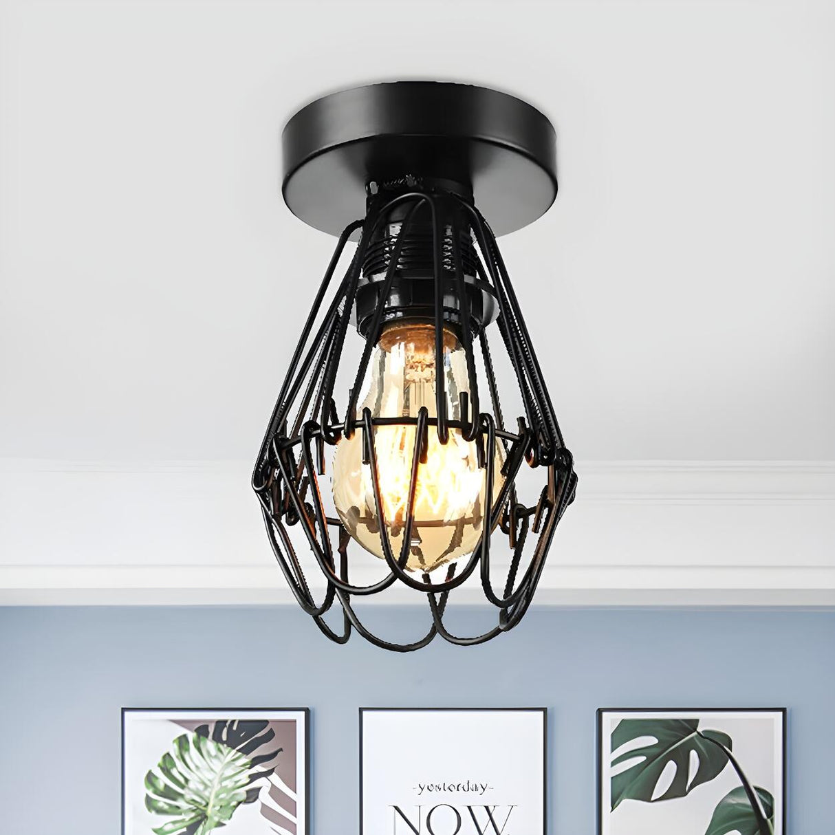 Industrial Black Metal Cage Flush Mount Ceiling Light Image - 2