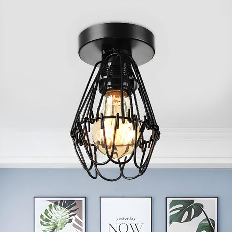 Industrial Black Metal Cage Flush Mount Ceiling Light Image - 2