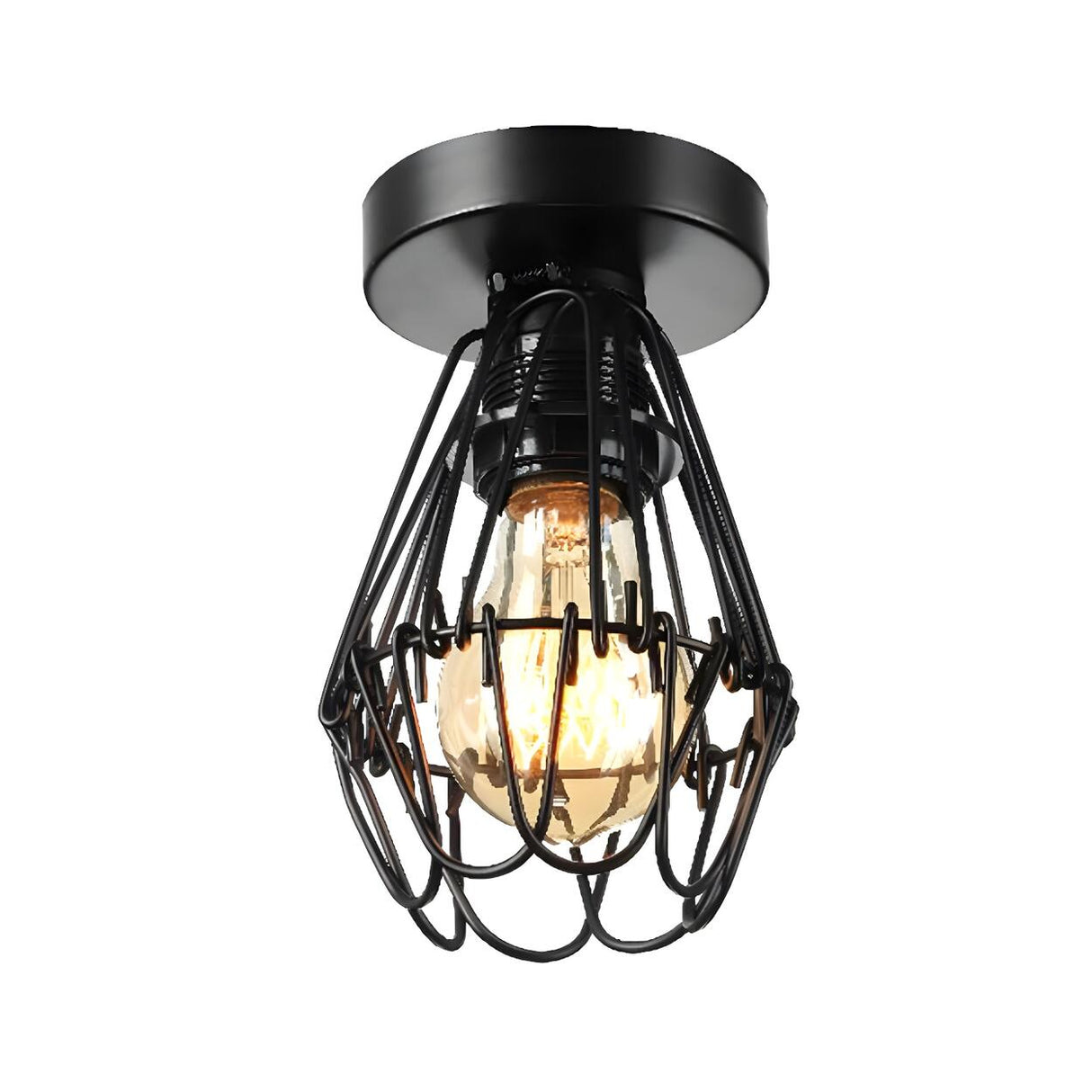 Industrial Black Metal Cage Flush Mount Ceiling Light Image - 3