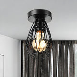 Industrial Black Metal Cage Flush Mount Ceiling Light Image - 5