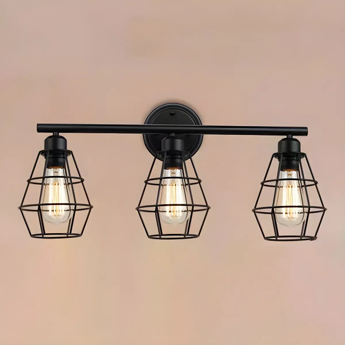 Industrial Black Metal Caged 3-Bulb Wall Vanity Light Image - 3