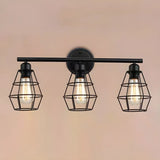 Industrial Black Metal Caged 3-Bulb Wall Vanity Light Image - 3