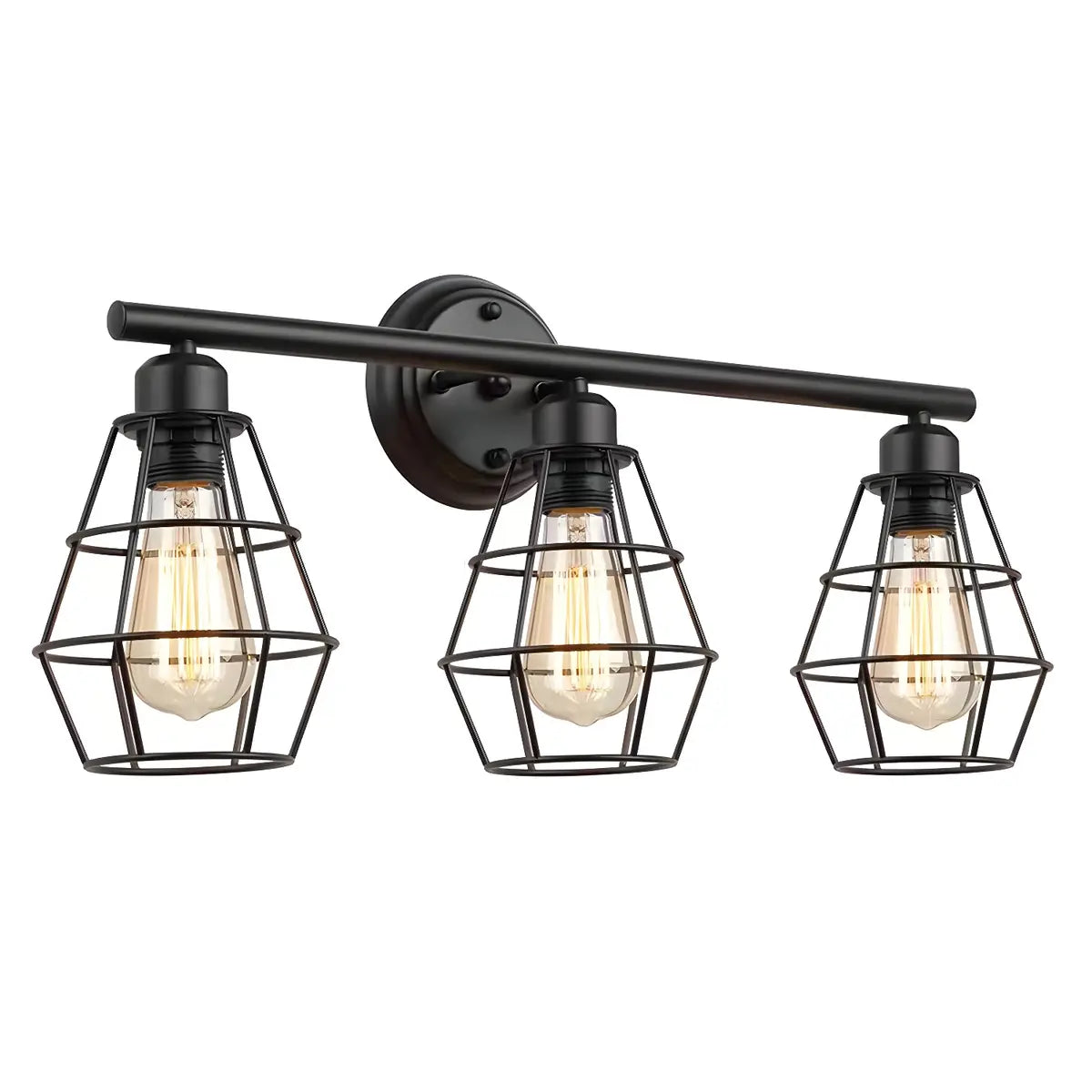 Industrial Black Metal Caged 3-Bulb Wall Vanity Light Image - 4