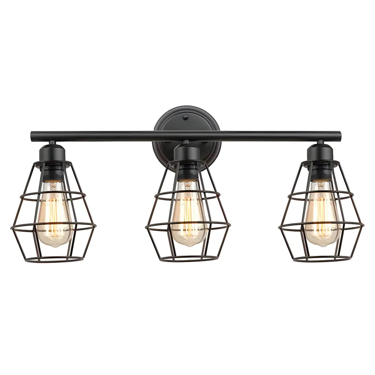 Industrial Black Metal Caged 3-Bulb Wall Vanity Light Image - 5