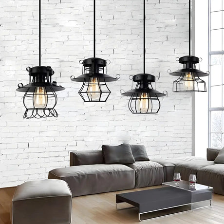 Industrial Black Metal Geometric Living Room Pendant Light Image - 1