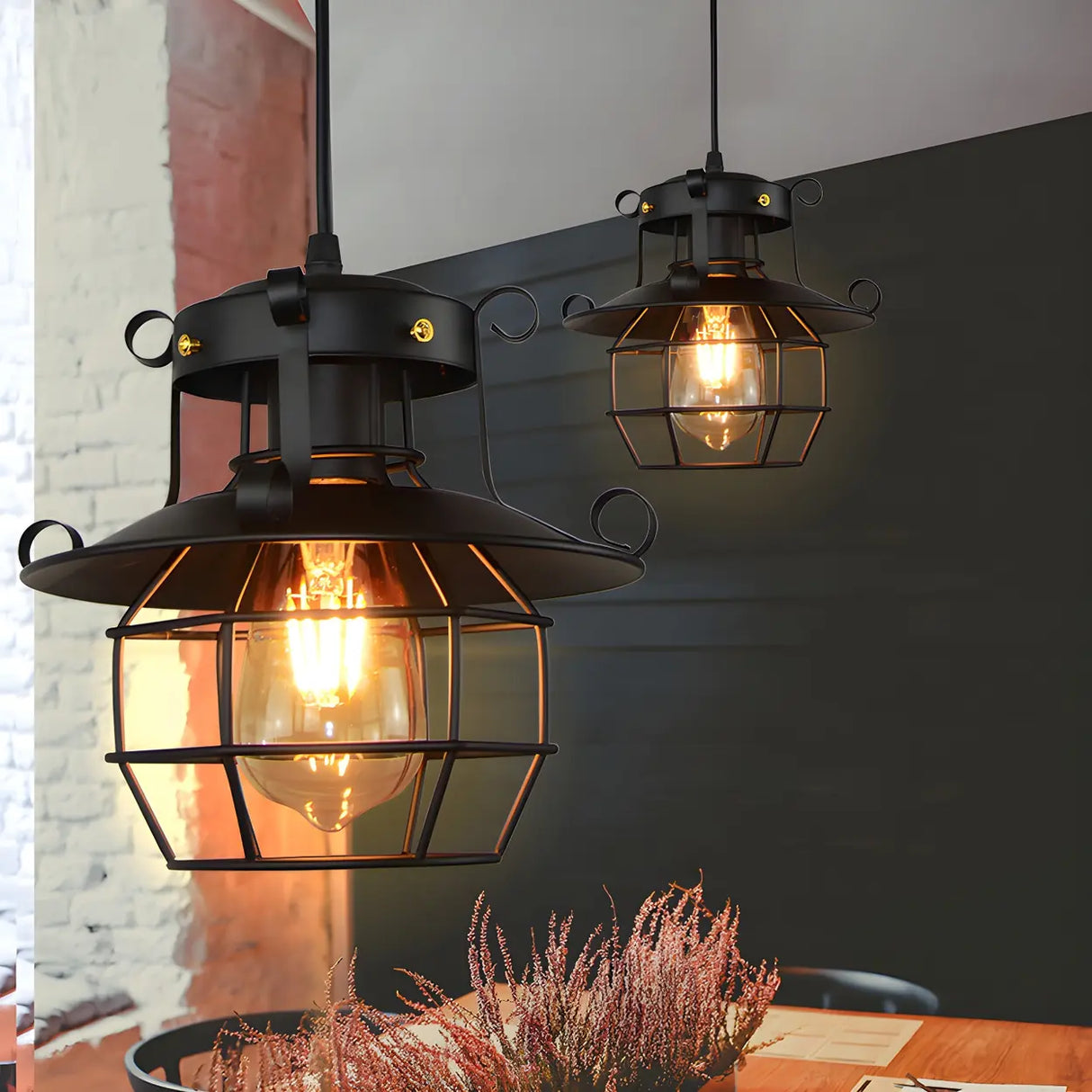 Industrial Black Metal Geometric Living Room Pendant Light Image - 6