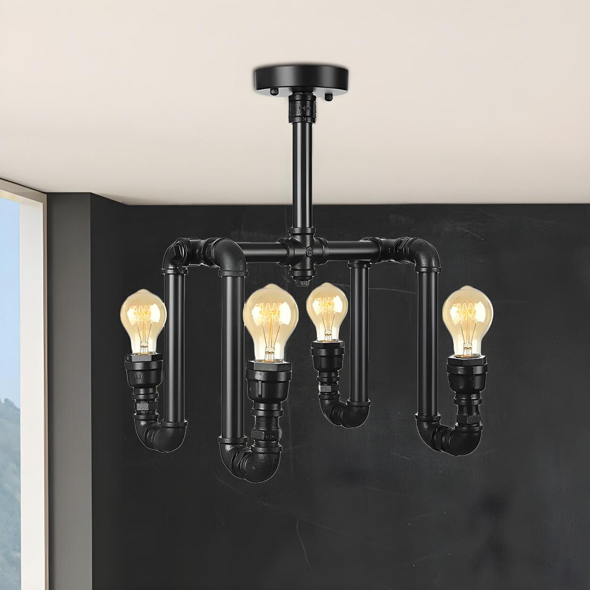 Industrial Black Pipe Bare 4-Bulb Flush Mount Light Image - 3