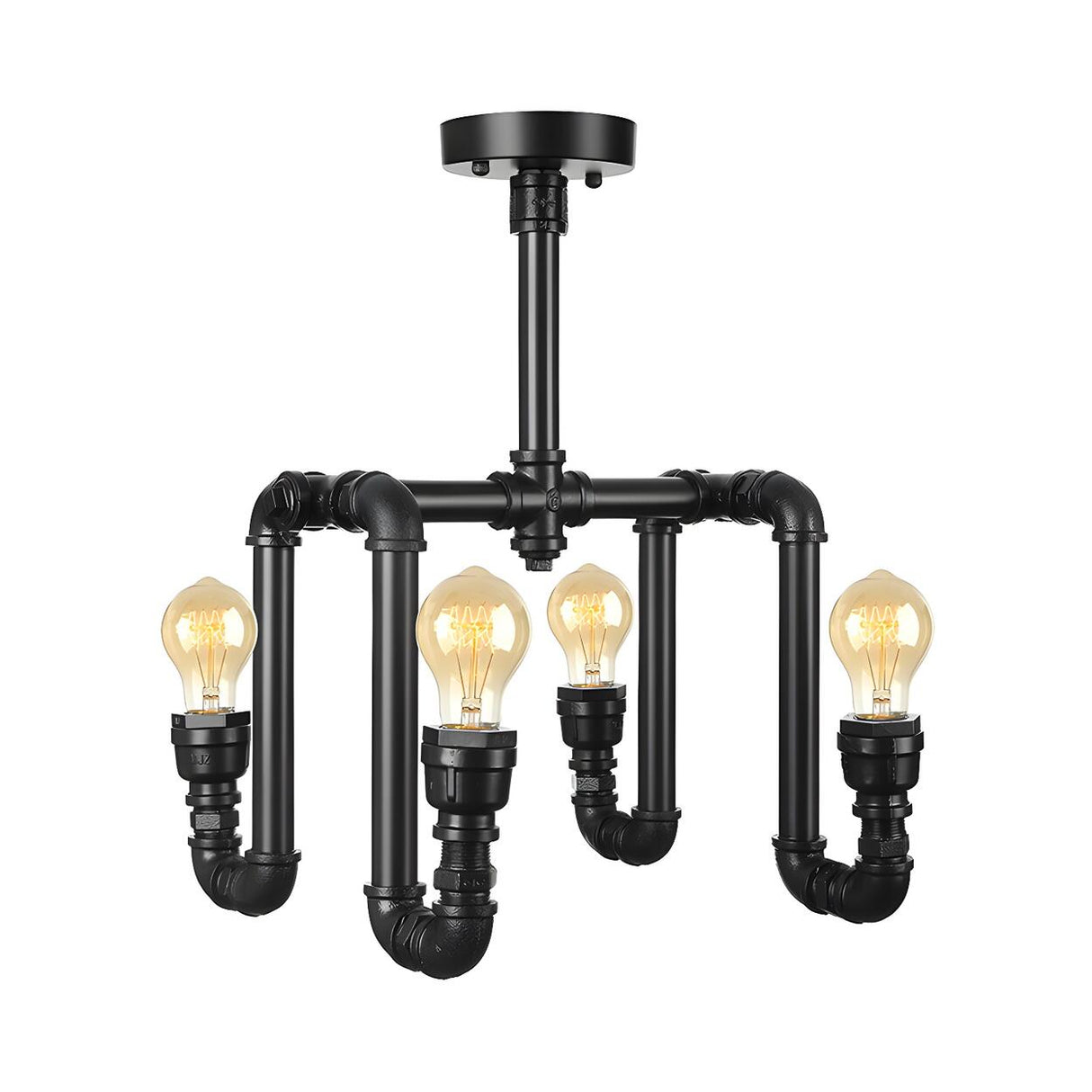 Industrial Black Pipe Bare 4-Bulb Flush Mount Light Image - 5