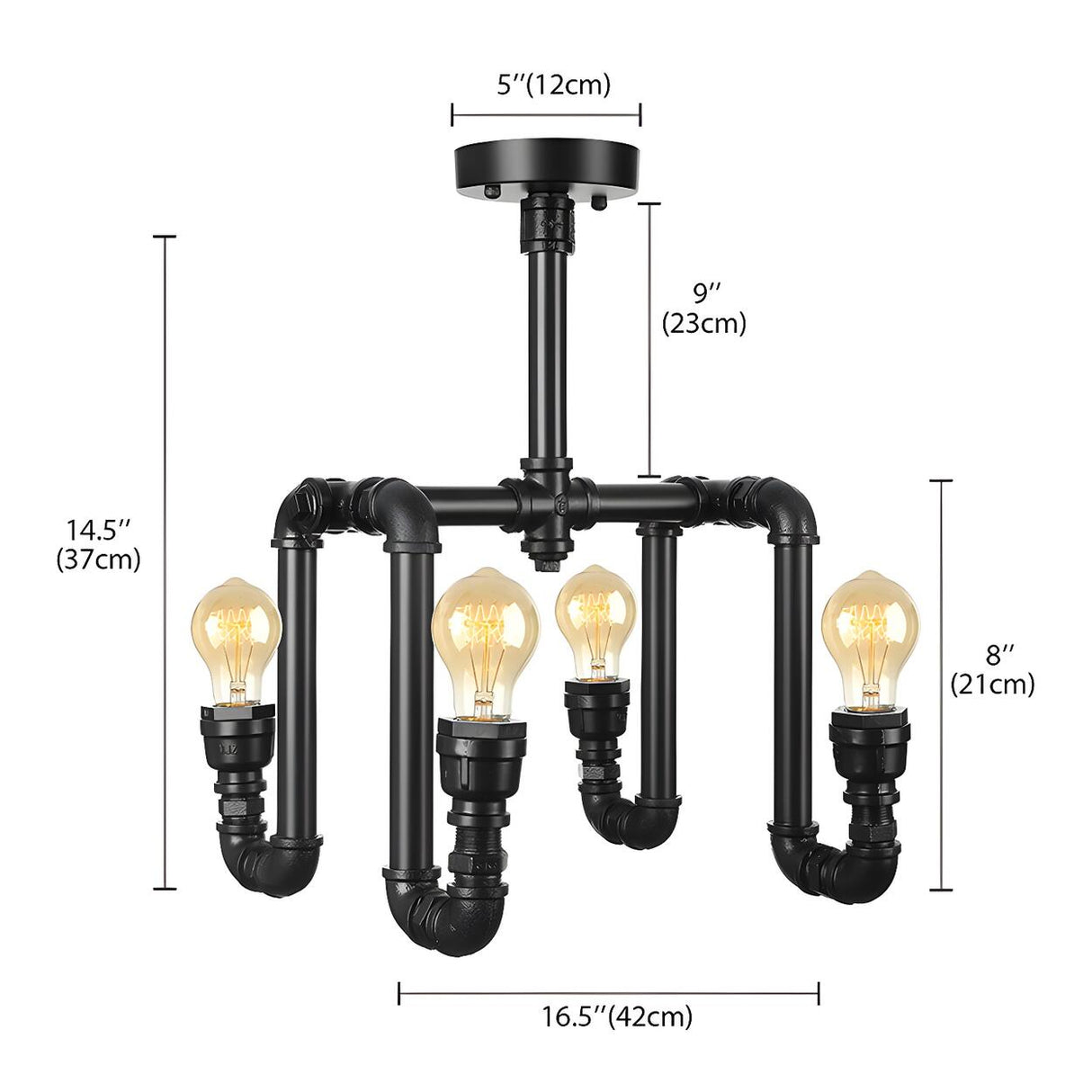 Industrial Black Pipe Bare 4-Bulb Flush Mount Light 