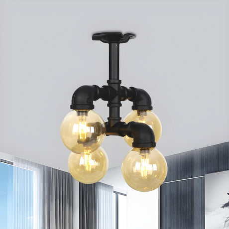 Industrial Black Pipe Glass Ball Semi-Flush Mount Light Image - 1