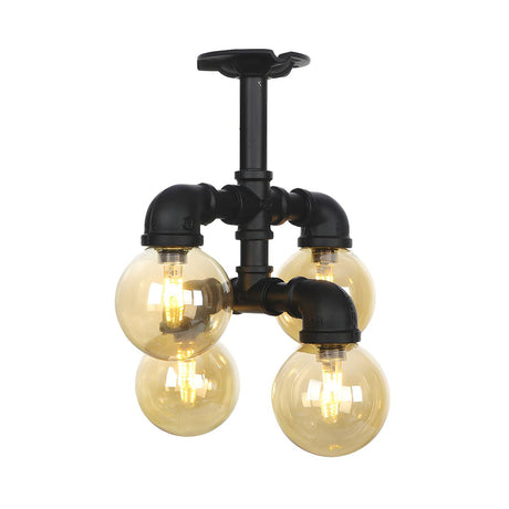 Industrial Black Pipe Glass Ball Semi-Flush Mount Light Image - 2