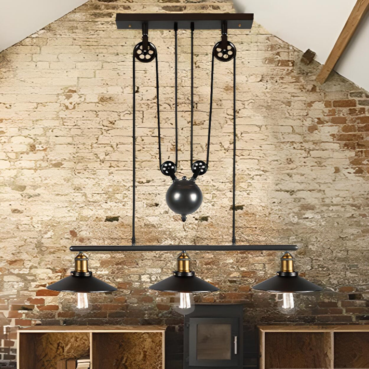 Industrial Black Pulley Pendant Light Kitchen Island Image - 2