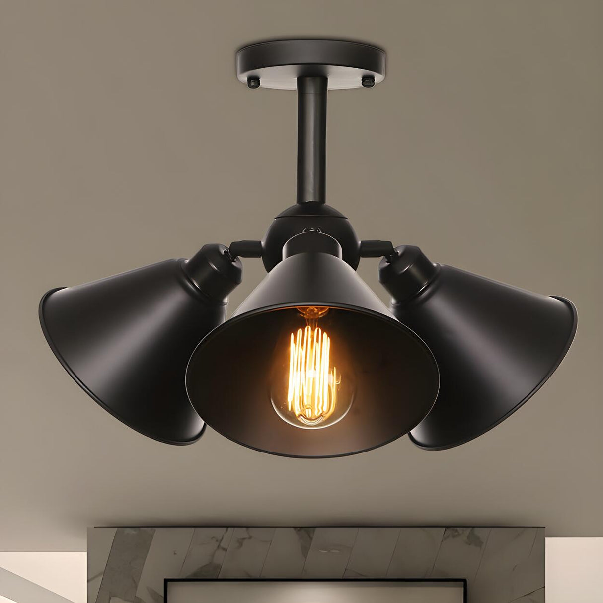 Industrial Black Saucer Semi-Flush Mount Light 3-Head Image - 7