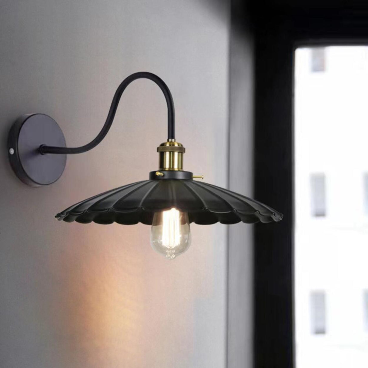 Industrial Black Scalloped Metal Wall Sconce Light Image - 4