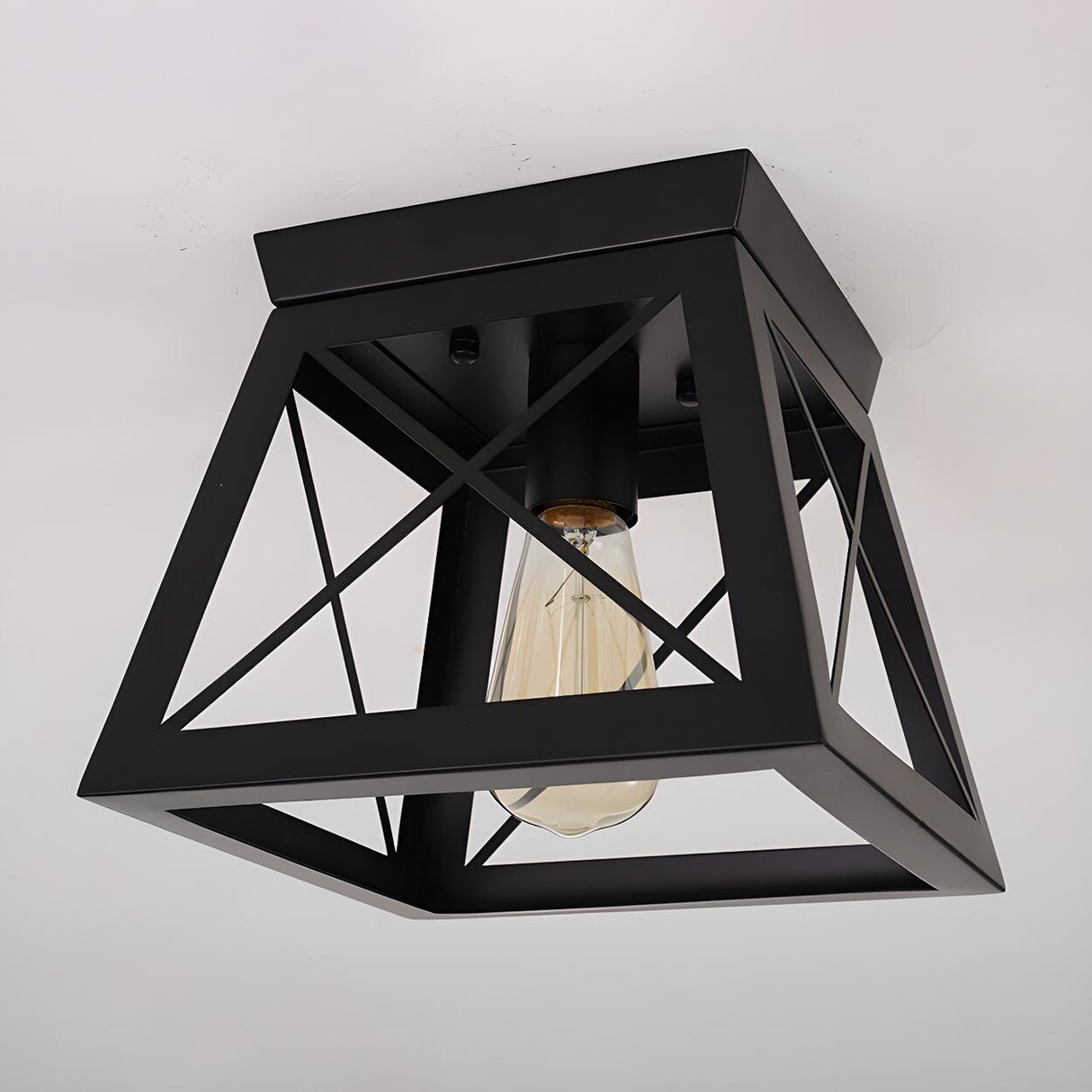 Industrial Black Trapezoid Frame Iron Flush Mount Light Image - 1