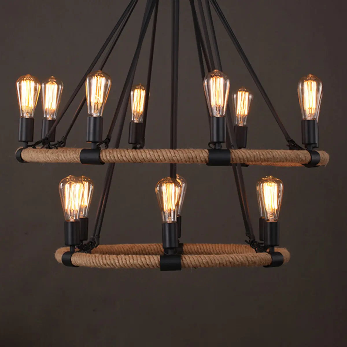 Industrial Black Wagon Wheel Rope Adjustable Chandelier Image - 11