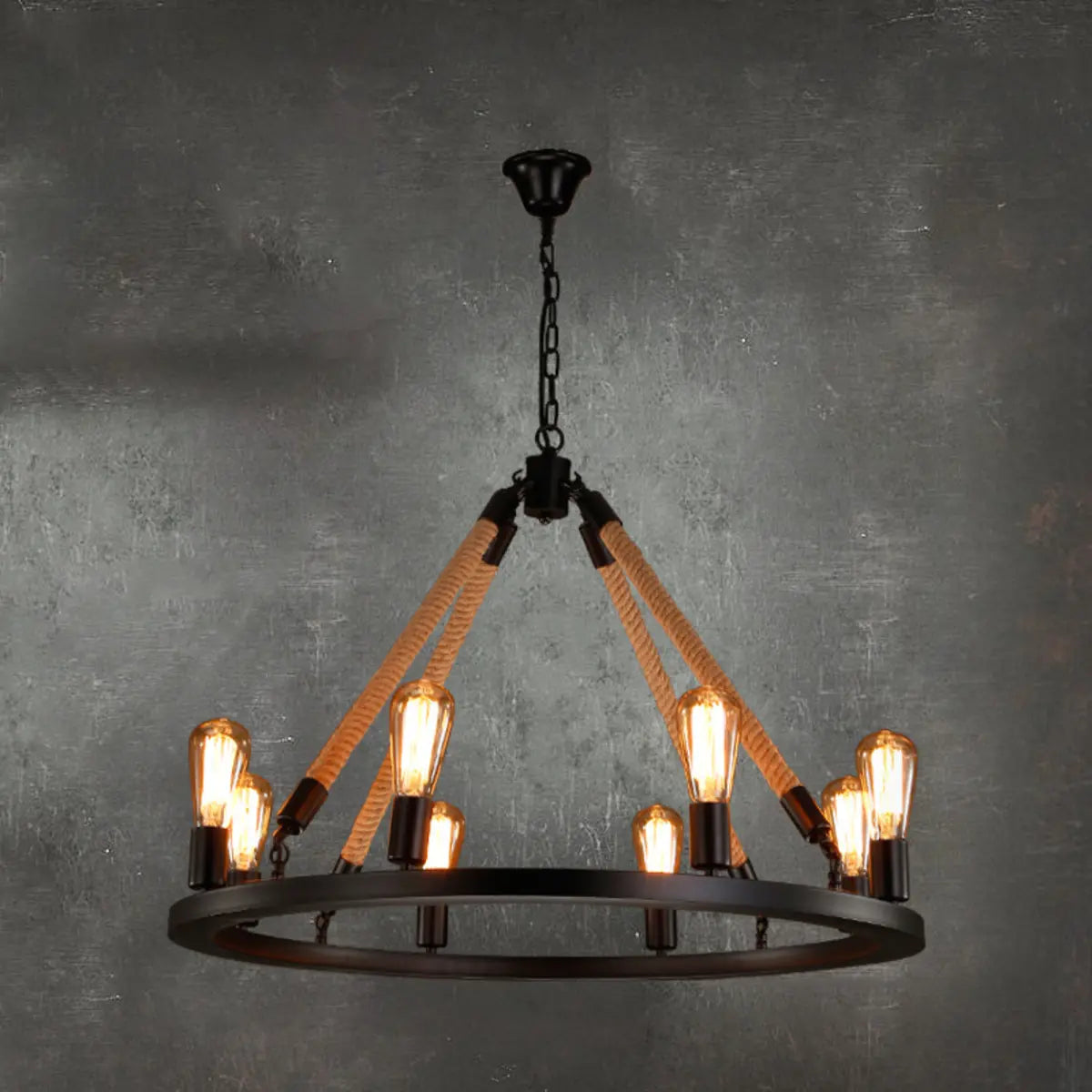 Industrial Black Wagon Wheel Rope Adjustable Chandelier Image - 12